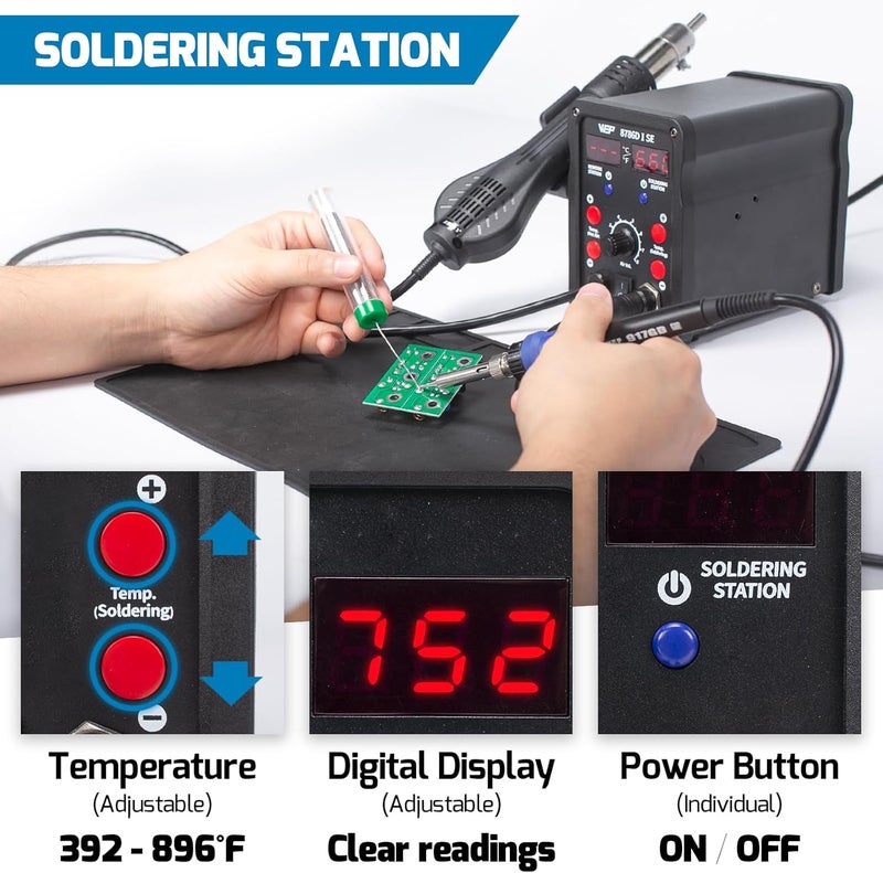 WeP 8786D-I SE Hot Air Soldering Iron Station Kit 2-IN-1 for Rework, Desoldering with Lead-Free Solder Wire, 5 Soldering Tips, 3 Hot Air Nozzles,Tweezers, Desoldering Pump - Image 4